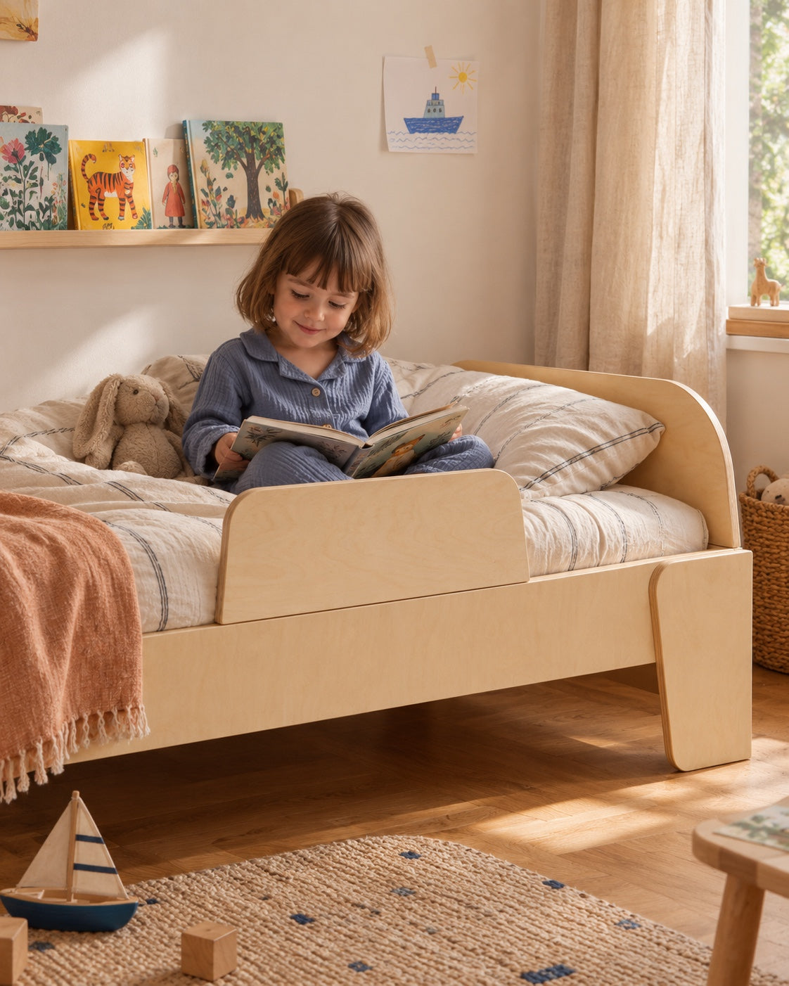 Son petit refuge. Une enfant regarde un livre, la barrière de lit visible au premier plan.