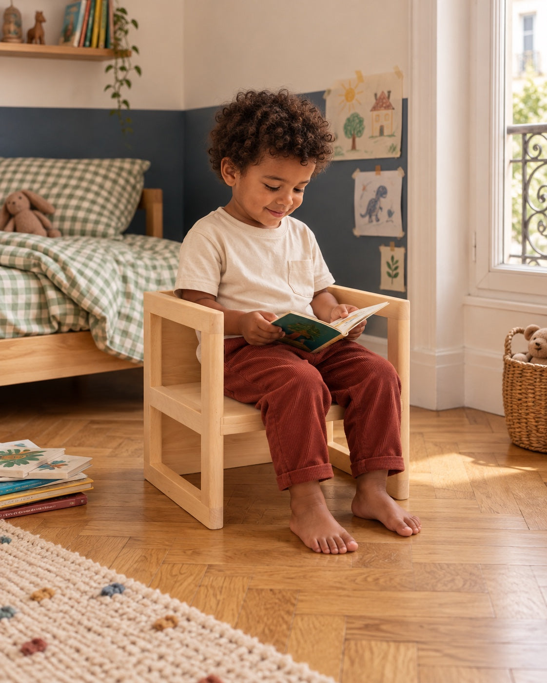 Un enfant lit sur sa chaise dans sa chambre.