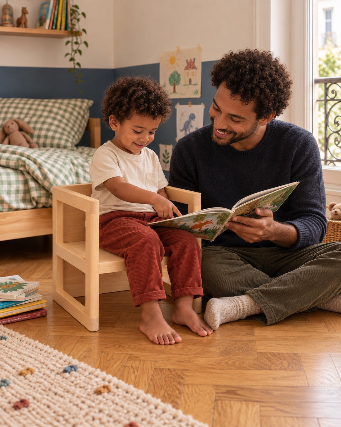 Une histoire avec papa, assis sur sa petite chaise.