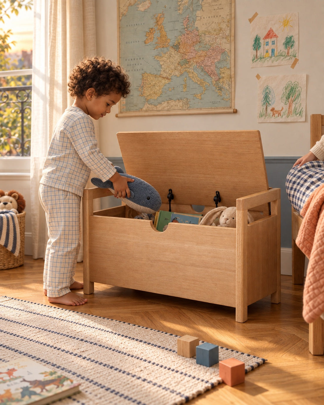 Un dernier jeu, puis au lit. En pyjama, l’enfant remet sa peluche dans le coffre avant le coucher.