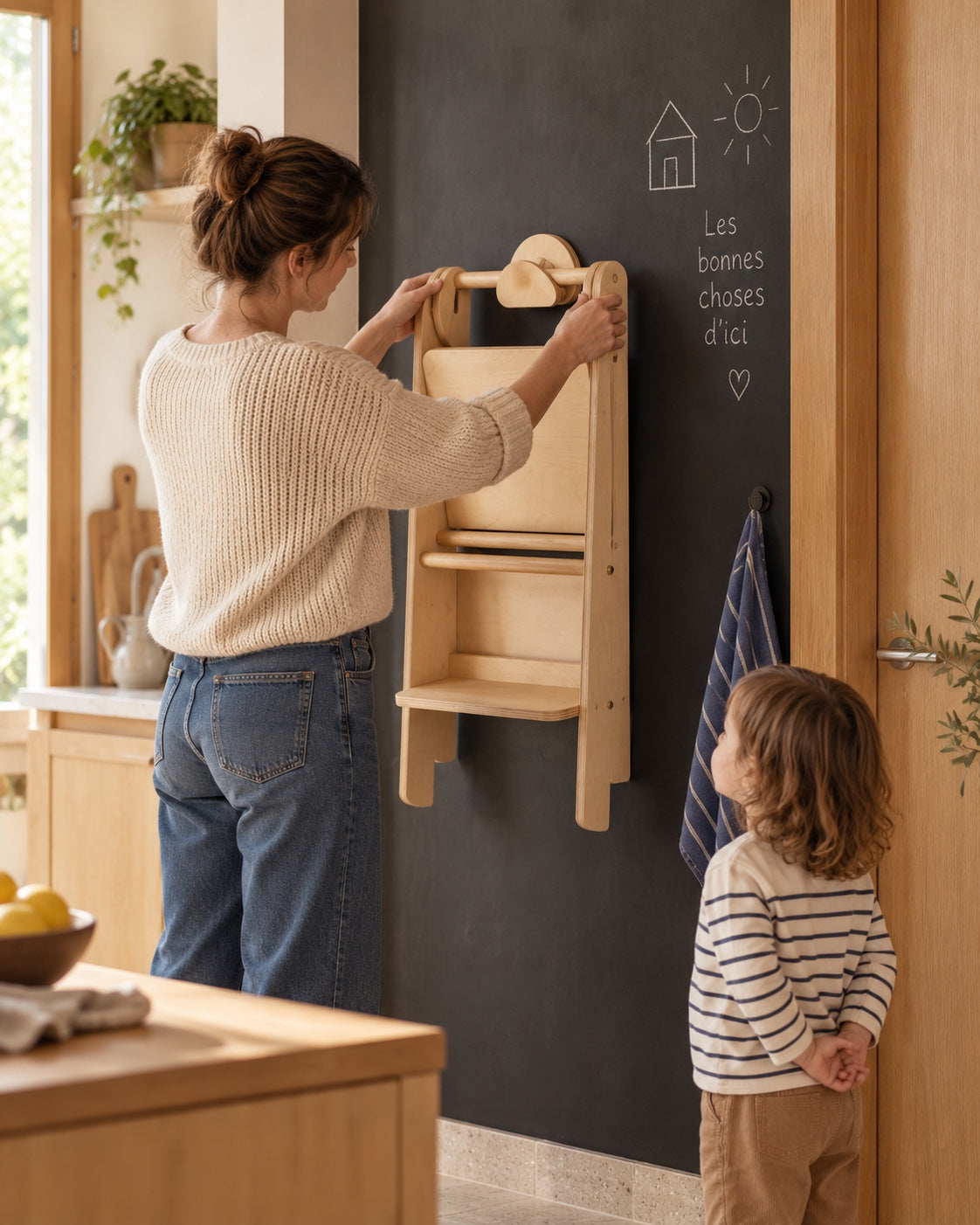 Un parent range la tour sur son crochet mural.