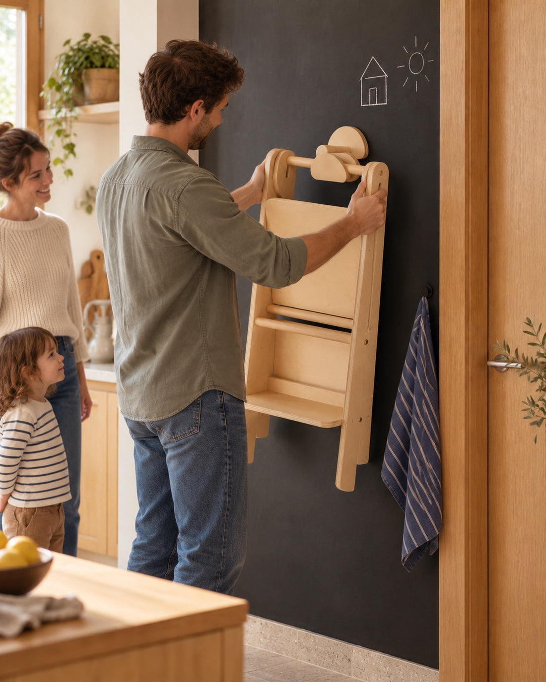 Un parent décroche la tour avant de cuisiner.