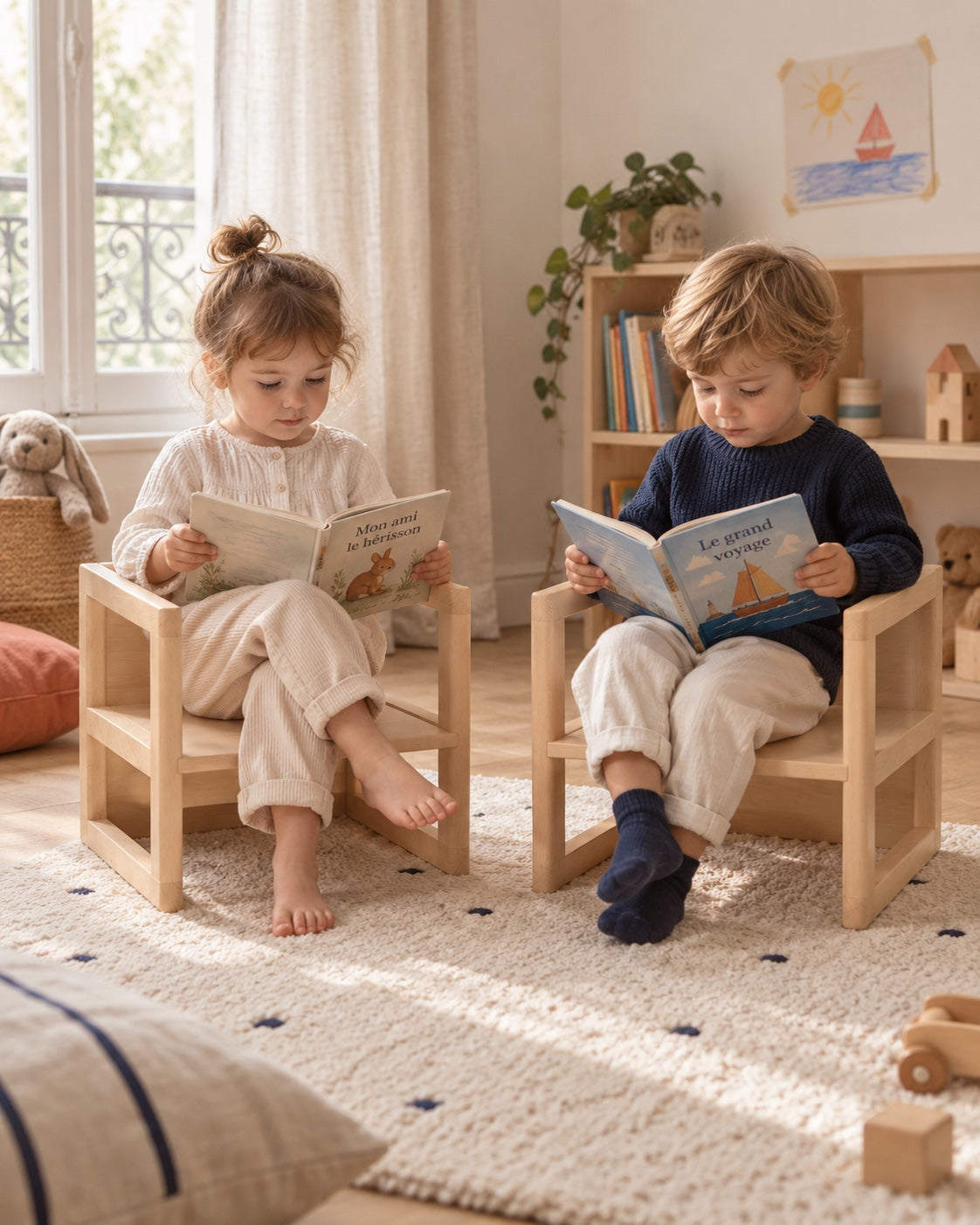 Deux enfants lisent sur leurs petites chaises.