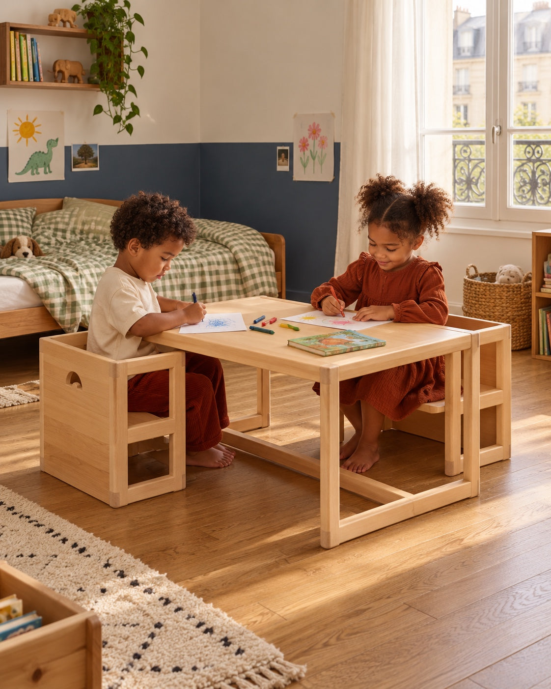 Deux enfants dessinent autour de leur table.