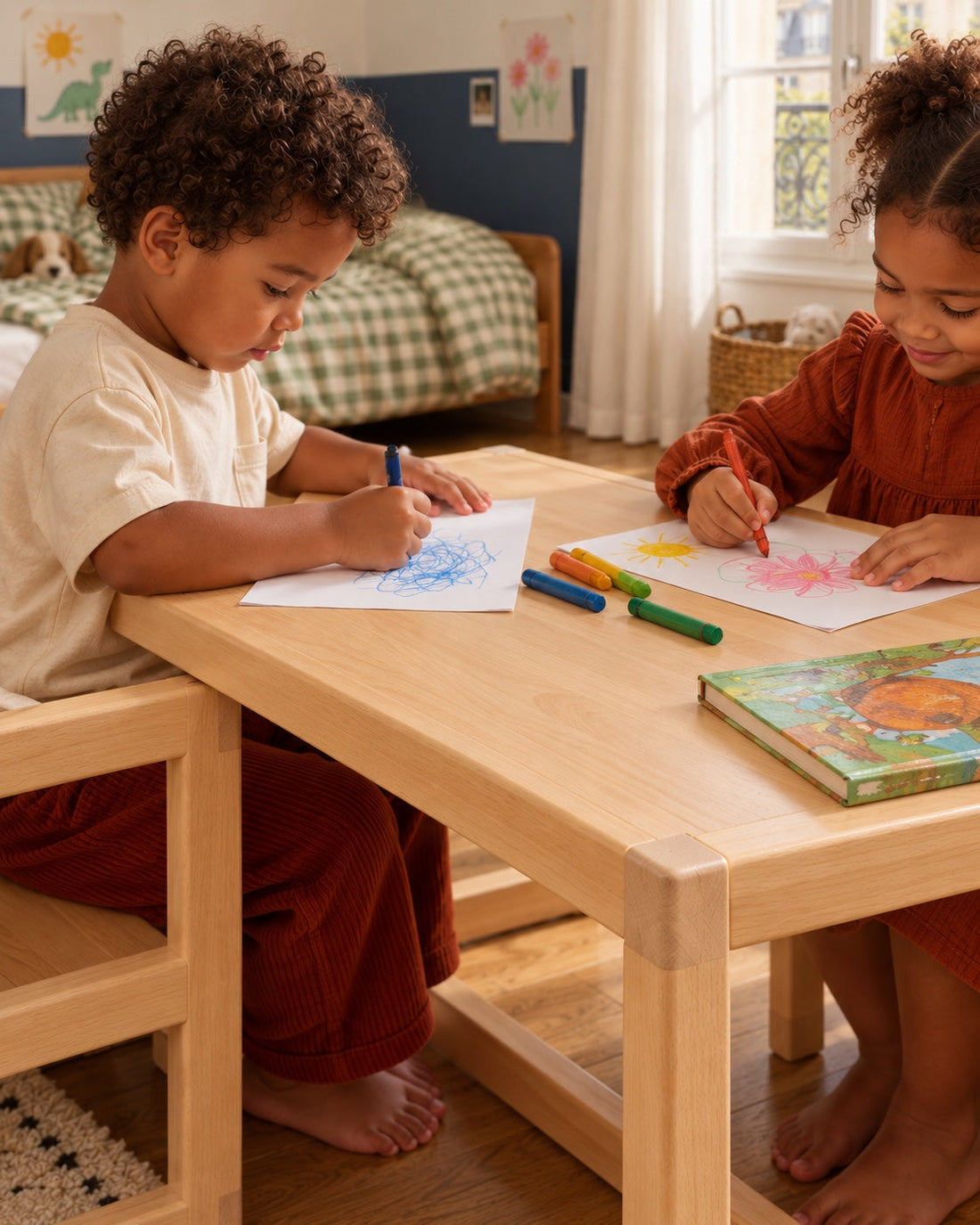 Deux enfants dessinent, avec le détail du plateau en hêtre.