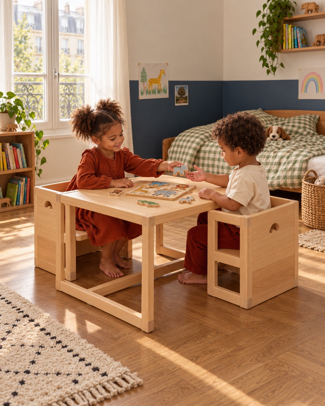 Frère et sœur font un puzzle à leur grande table.