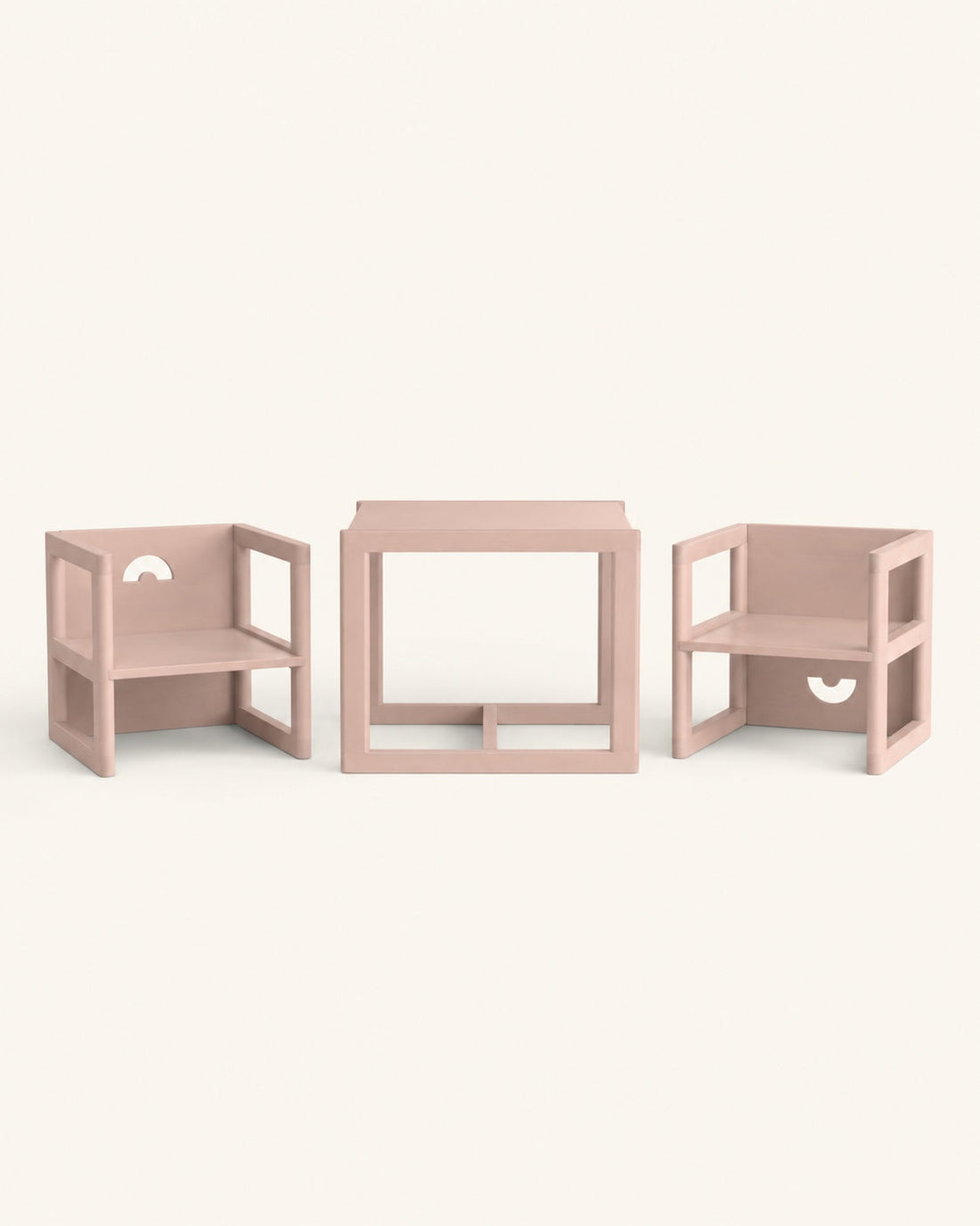 La petite table et deux chaises, finition rose désert.