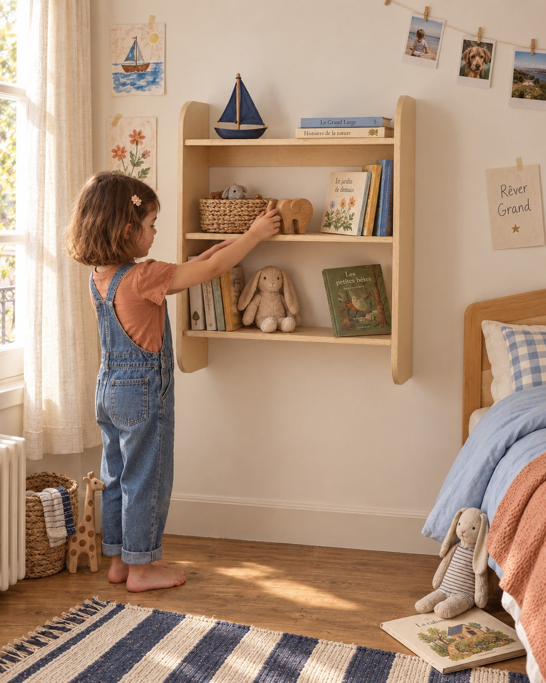 C’est elle qui choisit. Une enfant place son petit éléphant en bois sur l’étagère de sa chambre.