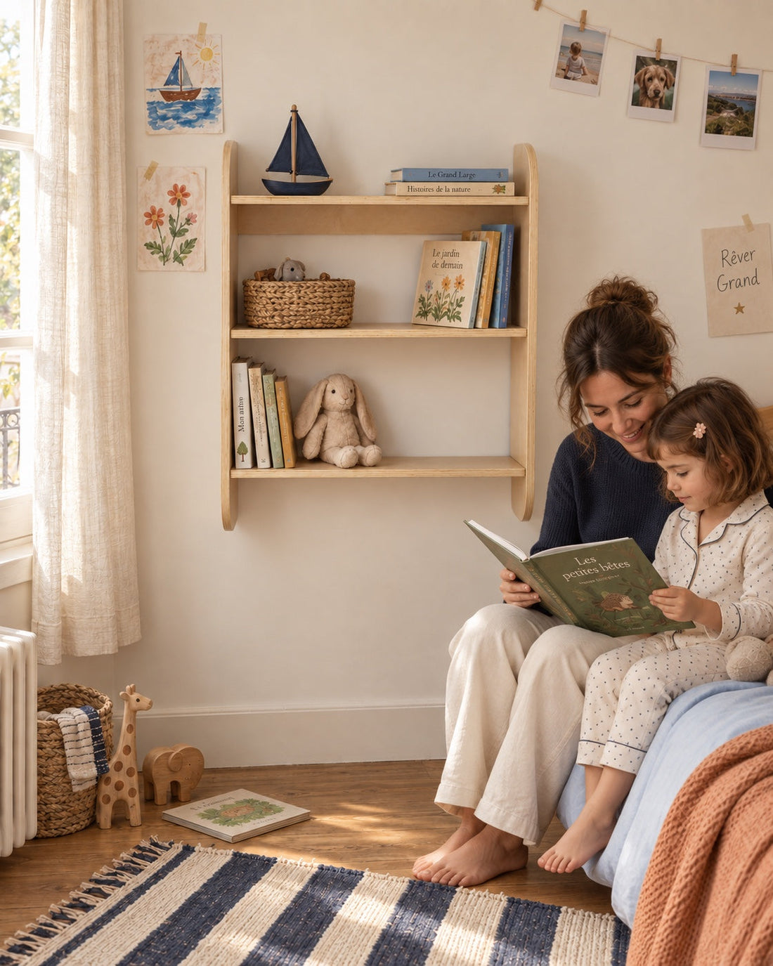 Encore une histoire. Une mère et son enfant lisent près de l’étagère, dans leur coin lecture.