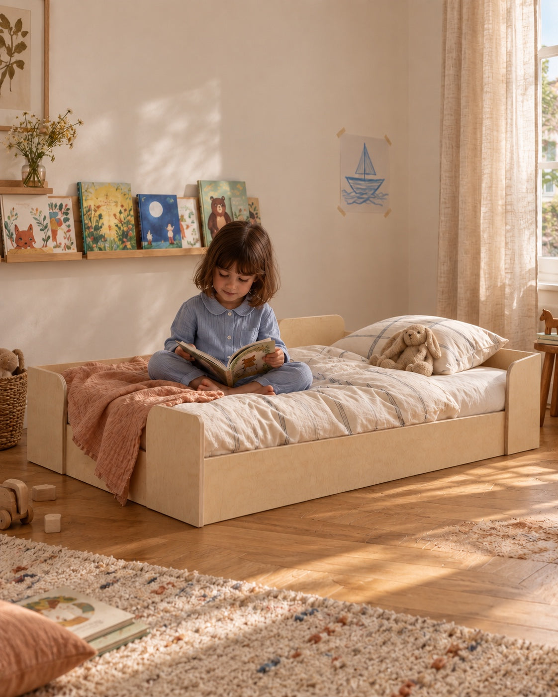 Le lit à sa hauteur. Une enfant lit dans le grand lit en configuration au sol.