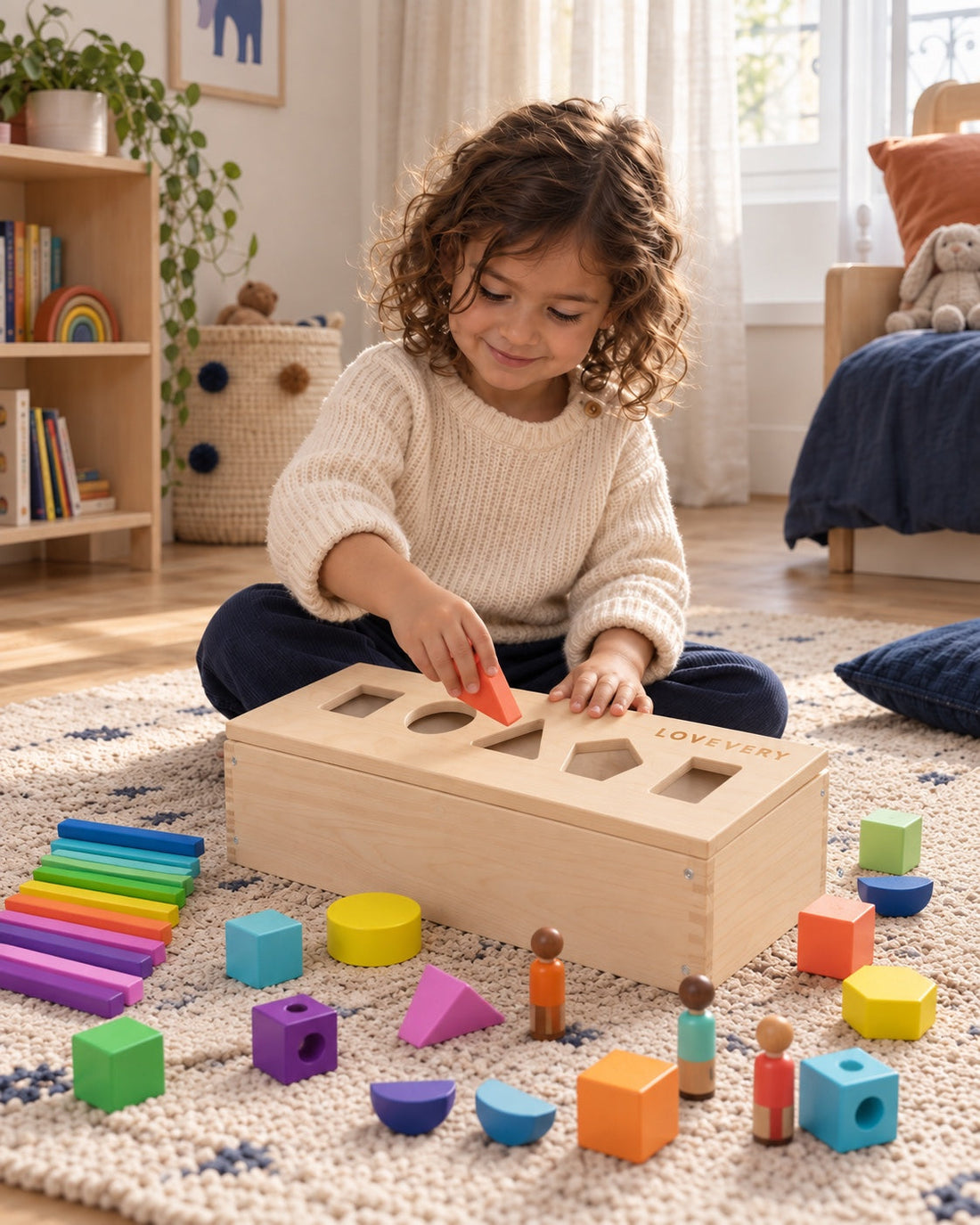 Un enfant trie les formes du coffret.