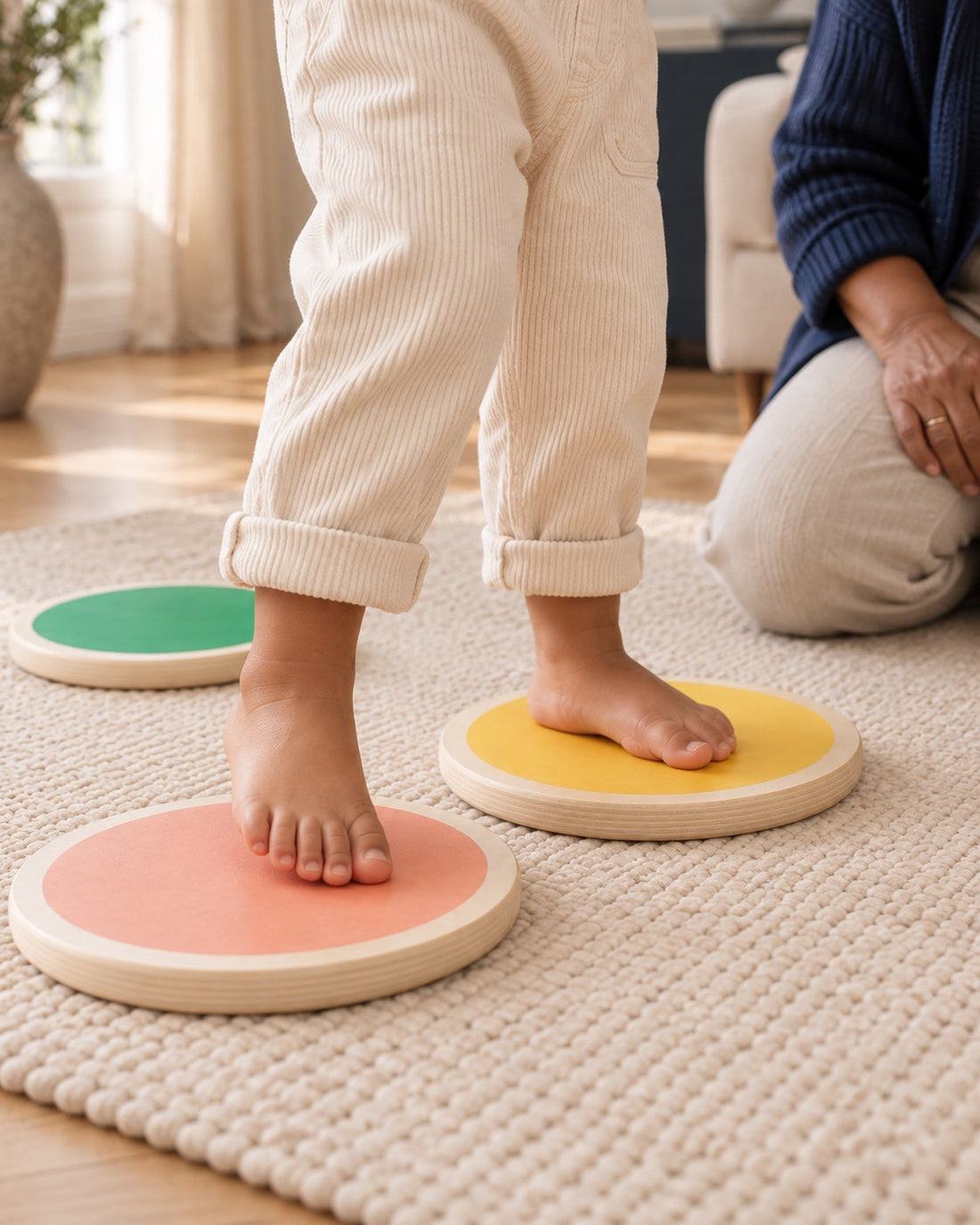Un petit pas, un appui. Le pied, la surface colorée et le bord en bouleau.