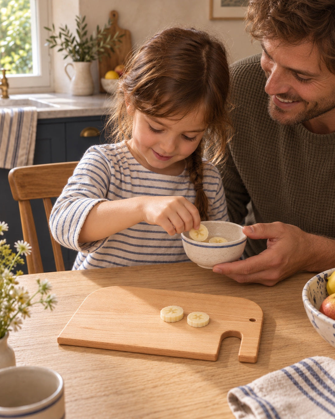 Une enfant prépare des fruits avec papa sur la planche éléphant.