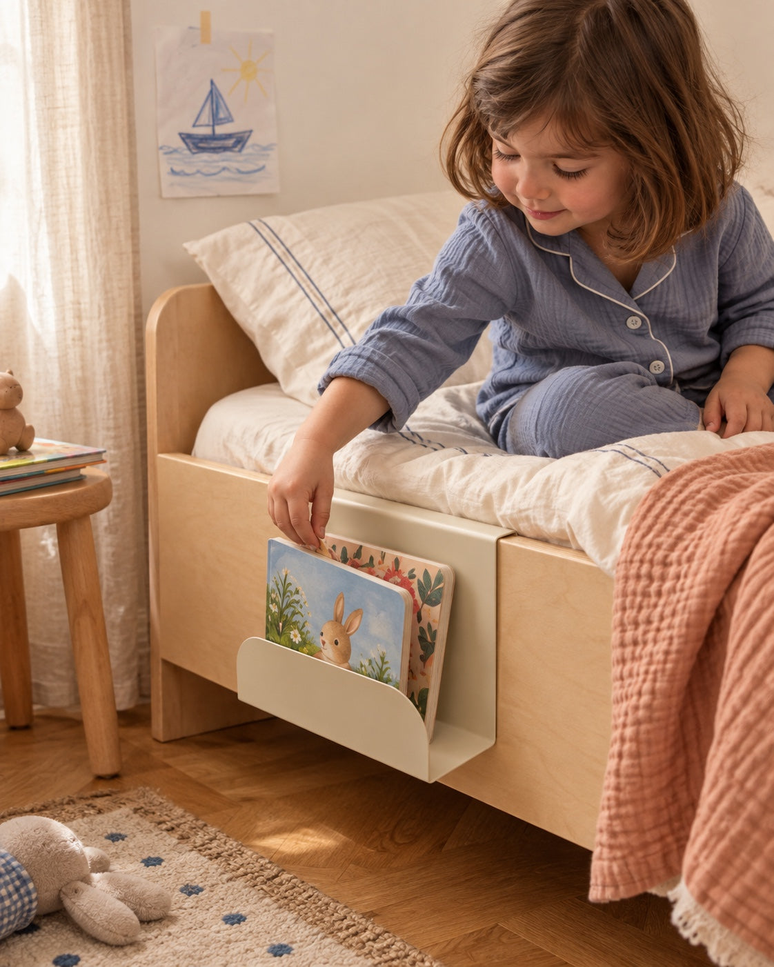 L’histoire à portée de main. Une enfant choisit son album dans le porte-livres beige fixé au lit.