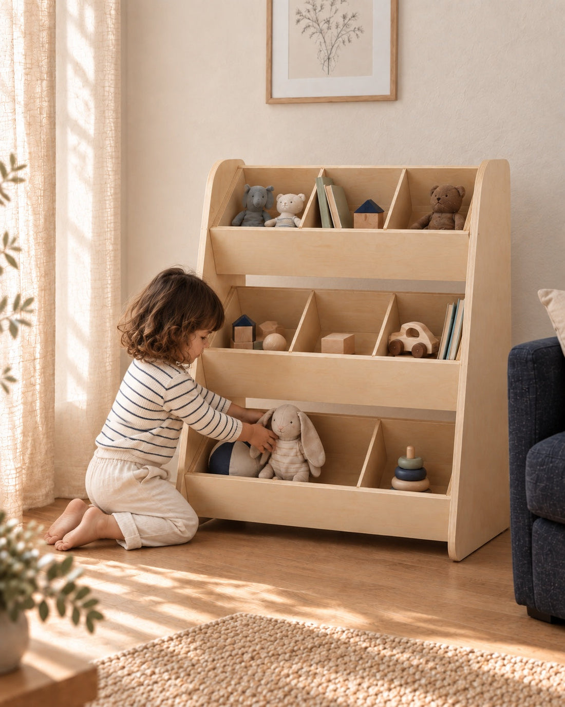 Le plaisir de ranger. Une enfant remet son lapin en tissu dans le bac du bas.