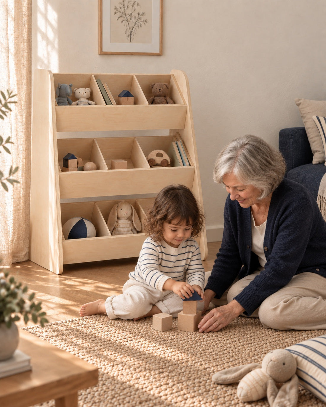 Le temps de jouer ensemble. Une enfant et sa grand-mère construisent une petite maison devant le rangement.