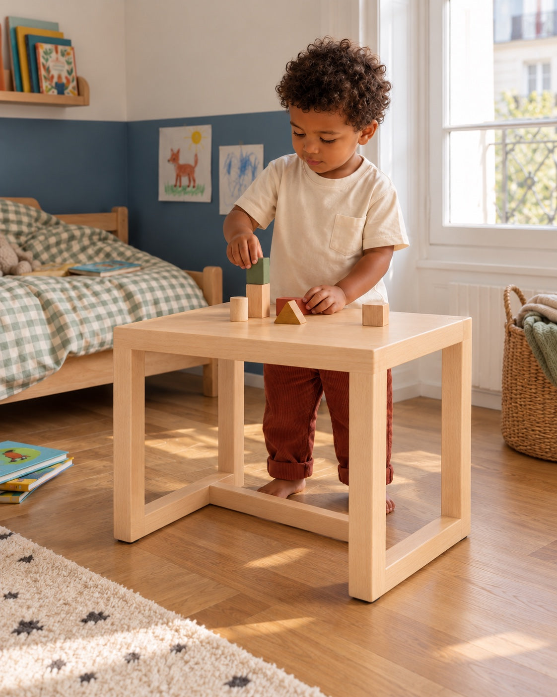 Un enfant construit sur sa petite table dans sa chambre.