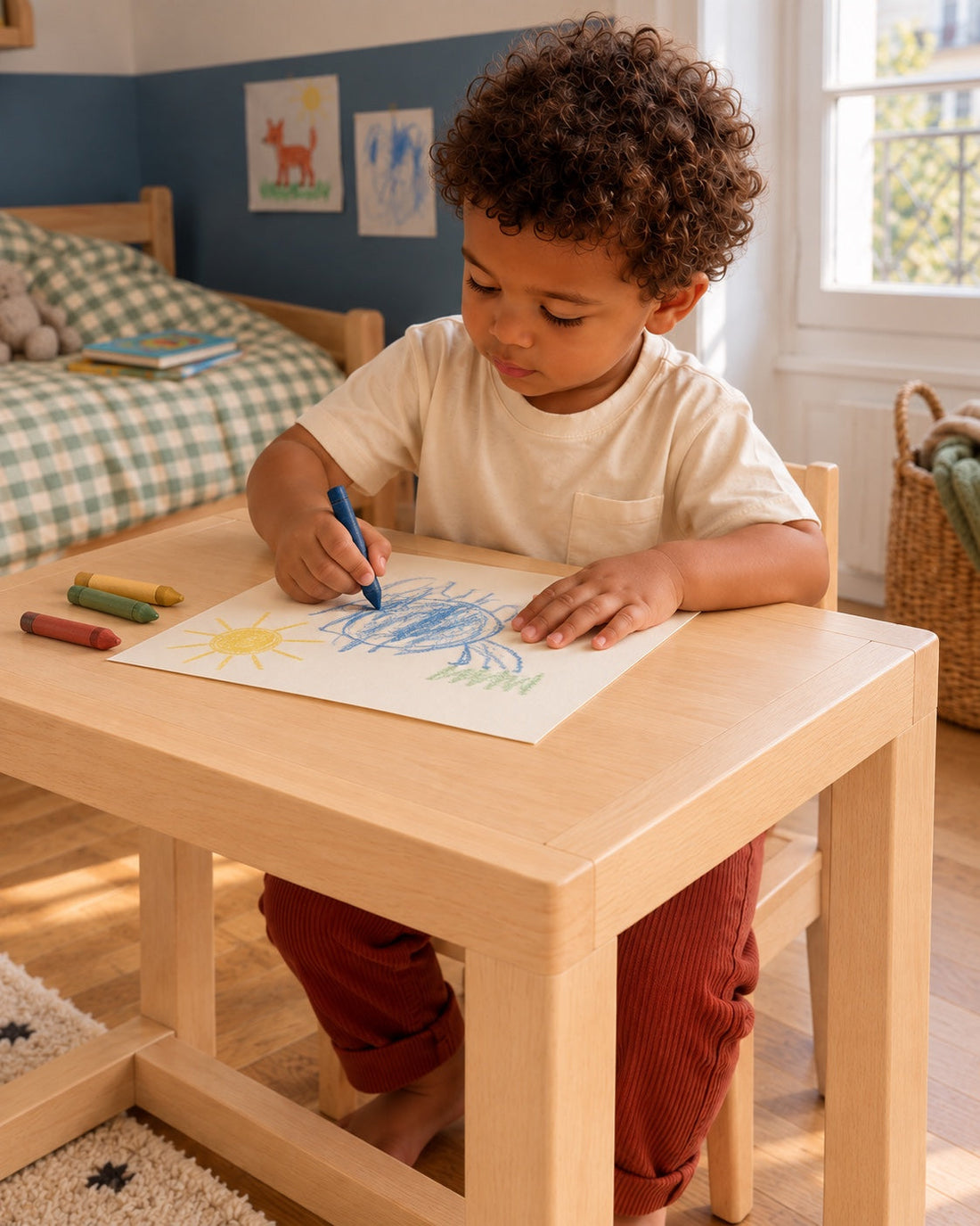 Une petite main dessine sur la table en hêtre.