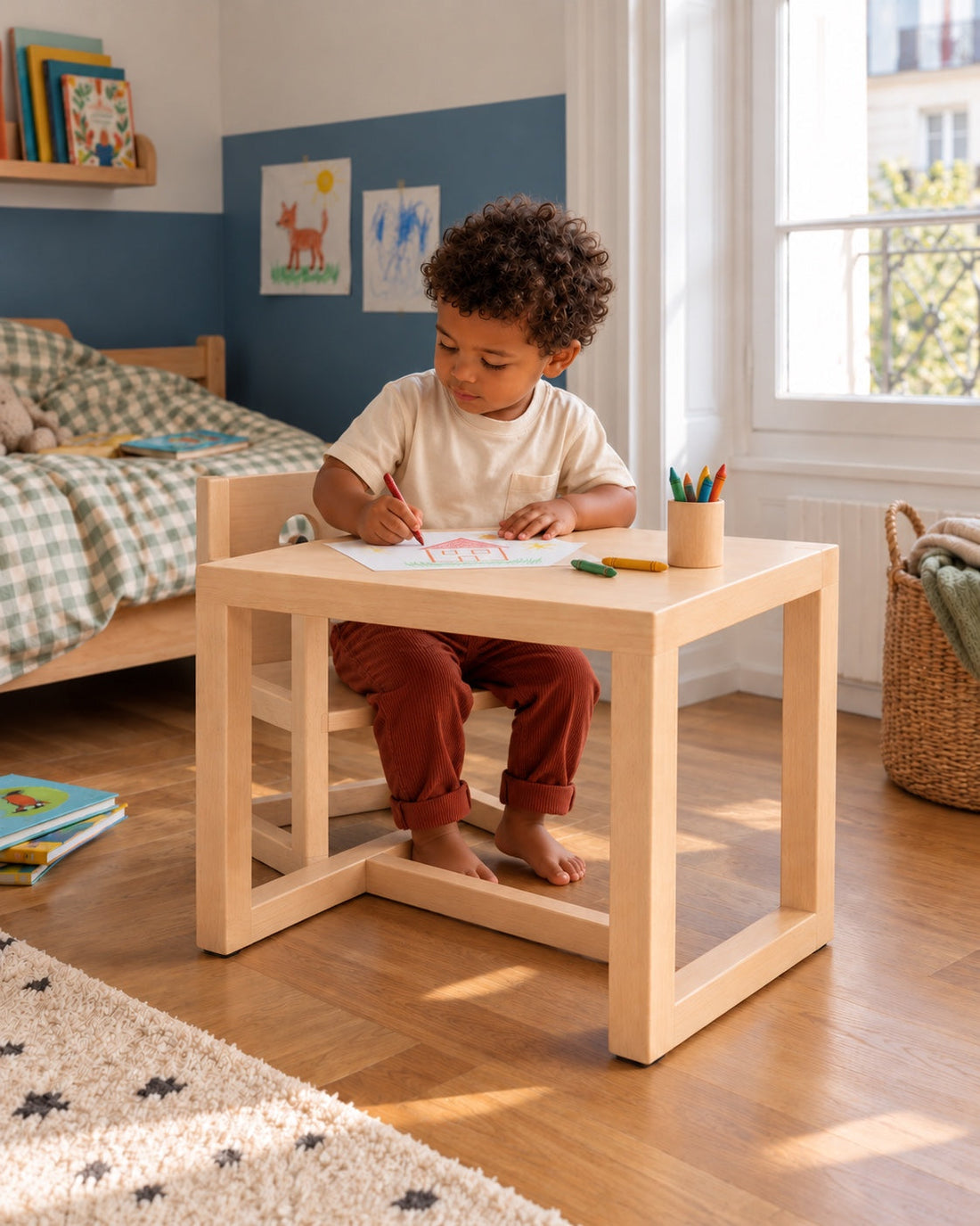 Un enfant dessine à sa table, près de son lit.
