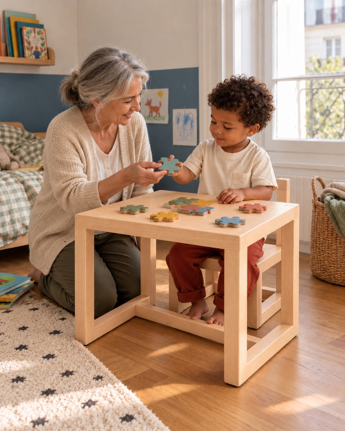 Un puzzle avec mamie à la petite table.