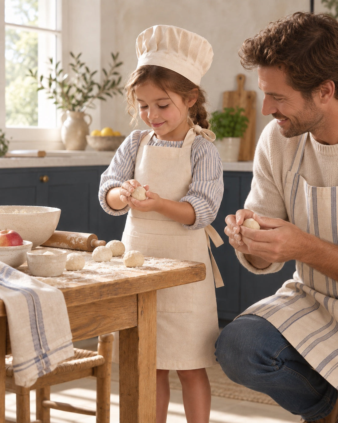 Une enfant façonne des biscuits avec son tablier et sa toque.