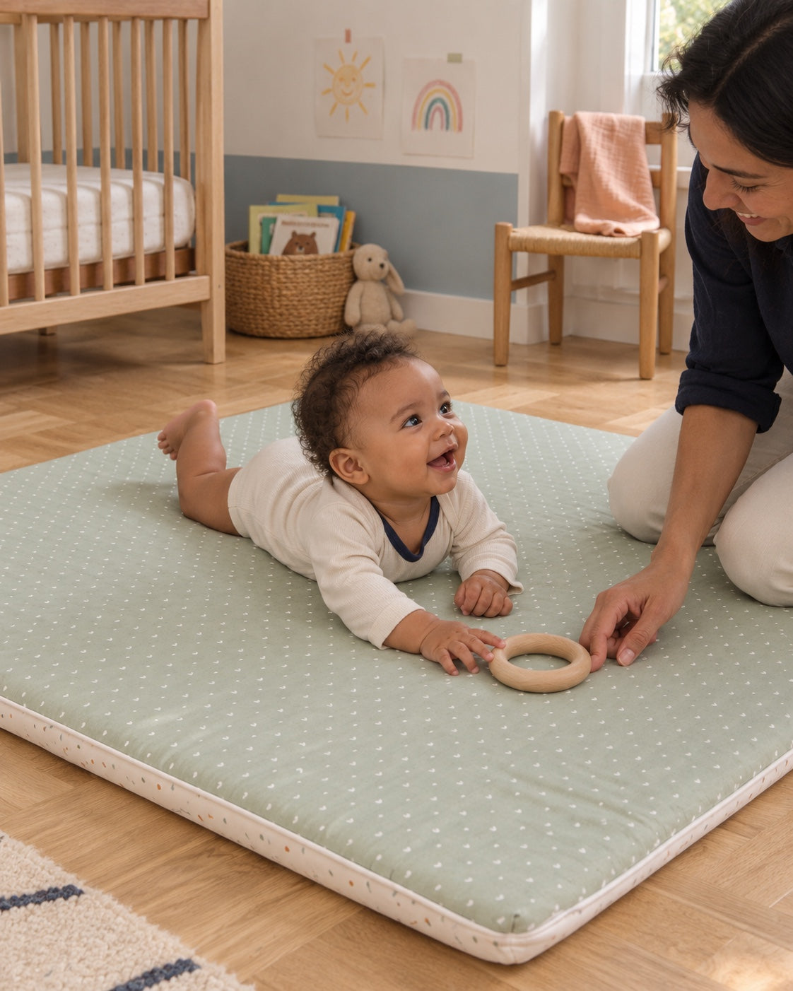 Le monde commence ici. Dans sa chambre, un bébé joue avec sa mère sur la face sauge du tapis d’éveil.