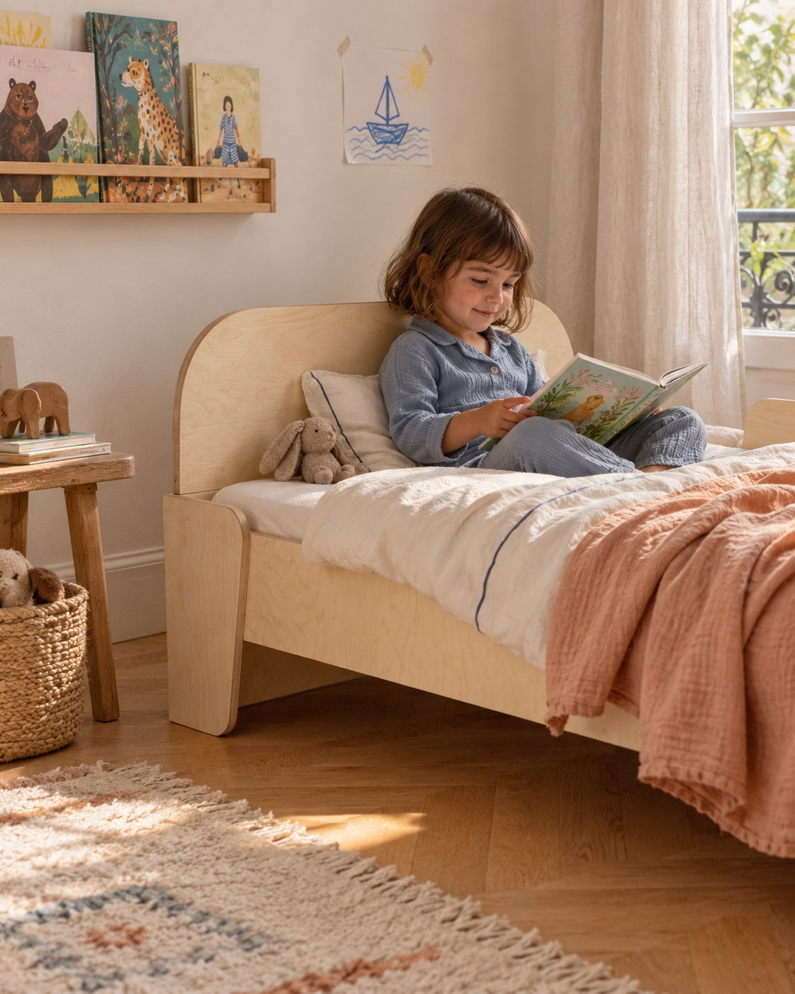 Encore une histoire. Une enfant lit devant la tête de lit en bouleau.